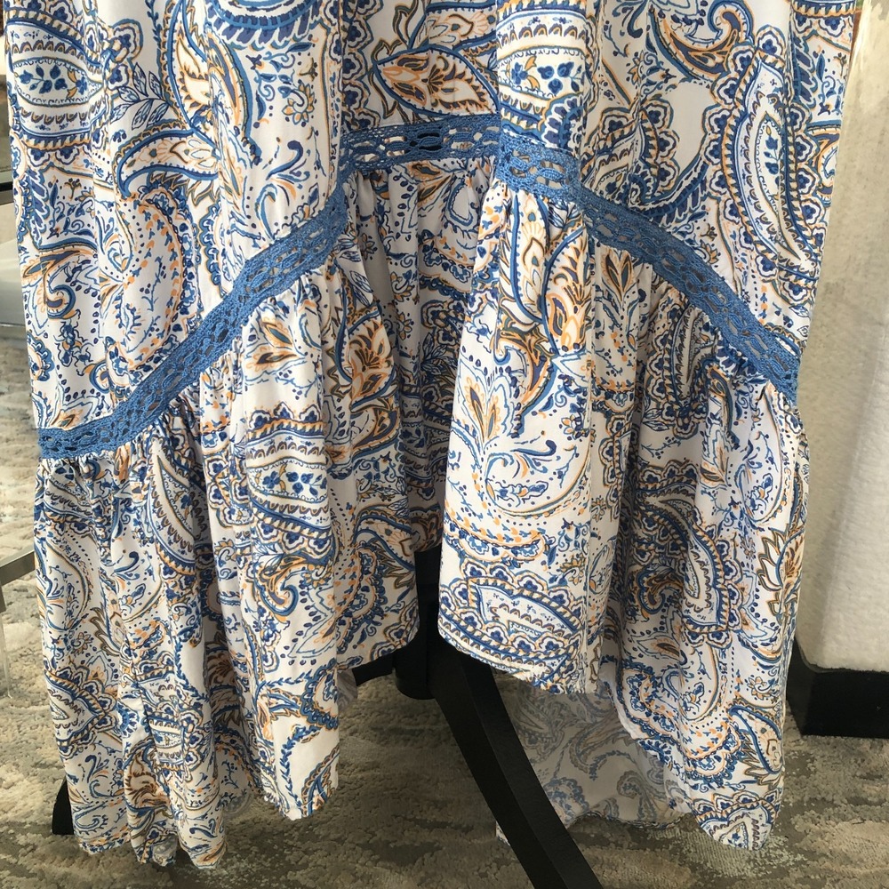 Women's Beyond The Radar Blue Paisley Cap Sleeve Hi-Low Ruffle Boho Maxi Dress L - Picture 6 of 16